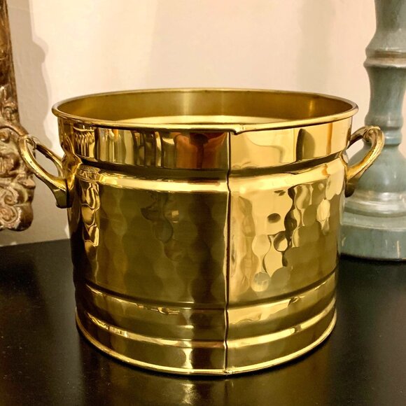 Decorative Hammered Brass ~ 5" Tall Plant Holder Bucket with Butler Handles - Picture 2 of 4